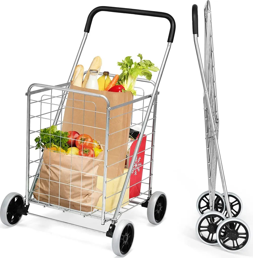  COSTWAY Klappbarer Einkaufstrolley, Einkaufswagen Auf Rollen, 45 Kg Belastbar, 83LKapazität, Tragbarer Handwagen, Rollwagen Allzweckwagen Für Wäsche, Einkaufen, Gepäck (Silber)