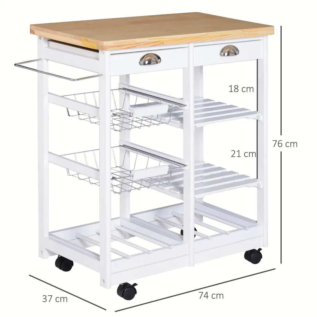 HOMCOM Küchenwagen Servierwagen Mit Ausziehbarem Korb Schublade Küchenrollwagen Weinablage Küchentrolley Holz Weiß 74 X 37 X 76 Cm