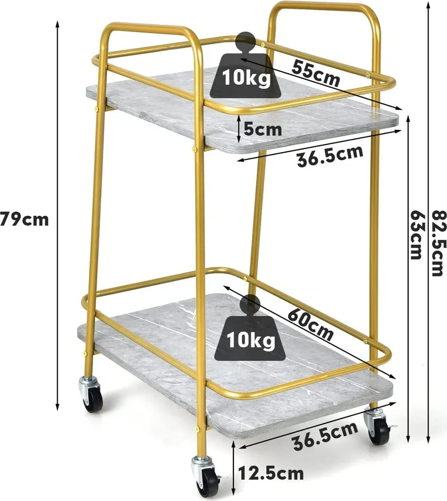  COSTWAY Küchenwagen Mit Universalrädern, Barwagen Rollwagen 2 Ablagen, Mobiler Servierwagen, Haushaltswagen Mit Stahlrahmen, Mehrzweckwagen Für Haus, Restaurant, Allzweckwagen Badwagen, Grau+Golden