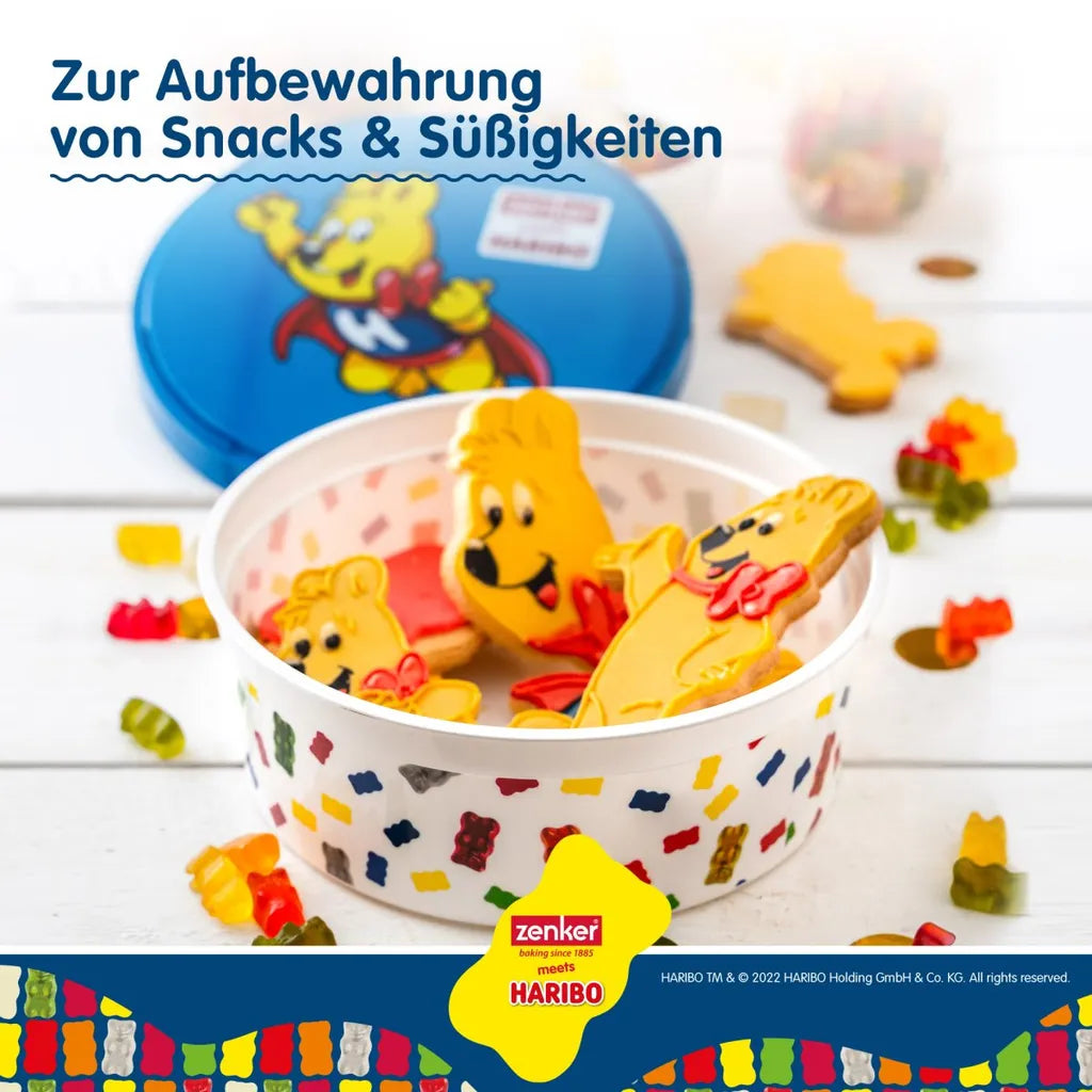  Zenker Haribo Vorratsdose Als Aufbewahrung Für Snacks Und Süßigkeiten Frischhaltedose Aus Kunststoff Mit Süßem Goldbär-Design Runde Dose Für Die Küche