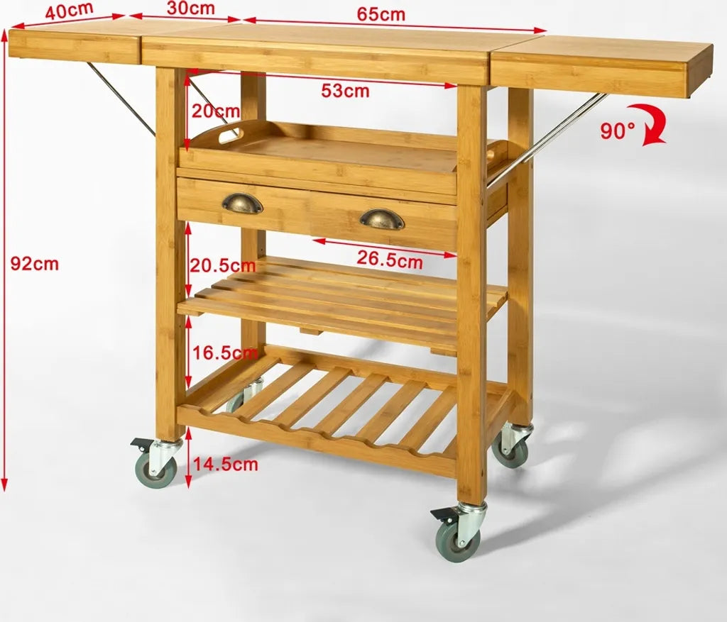  SoBuy FKW25-N Servierwagen Aus Hochwertigem Bambus Küchenwagen Küchenregal Rollwagen BHT Ca: 65 (95/125) X92x40cm