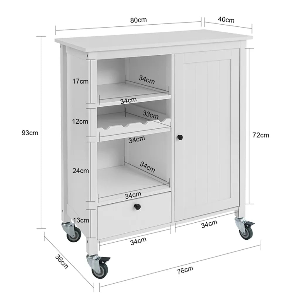  SoBuy FKW104-W Küchenwagen Servierwagen Rollwagen Mit Tür, Flaschenablage Und Schublade Weiß BHT Ca.: 80x93x40cm