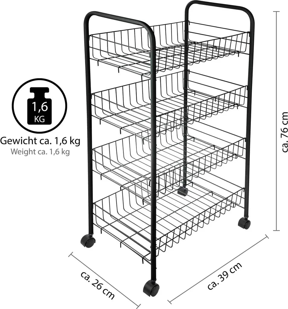 ONVAYA® Beistellwagen Susi Mit 4 Körben | Schwarz | 39x26x76 Cm | Rollwagen | Küchenwagen | Wagen | Metall | Regal | Bad | Servierwagen | Haushaltswagen | Allzweckwagen | Küchentrolley
