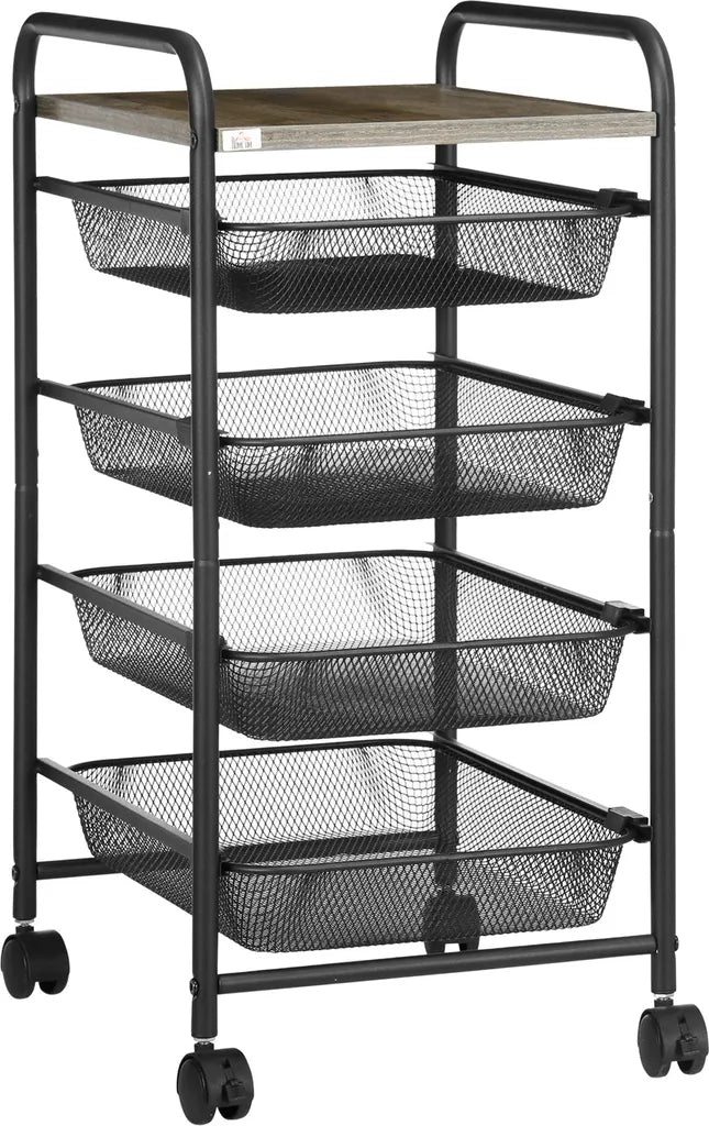  HOMCOM Rollwagen, Küchenwagen Mit 4 Körben, Aufbewahrungsregal Mit Rollen, Haushaltregal, Servierwagen Für Schlafzimmer, Wohnzimmer, Stahl, Schwarz, 41,5 X 31 X 66 Cm