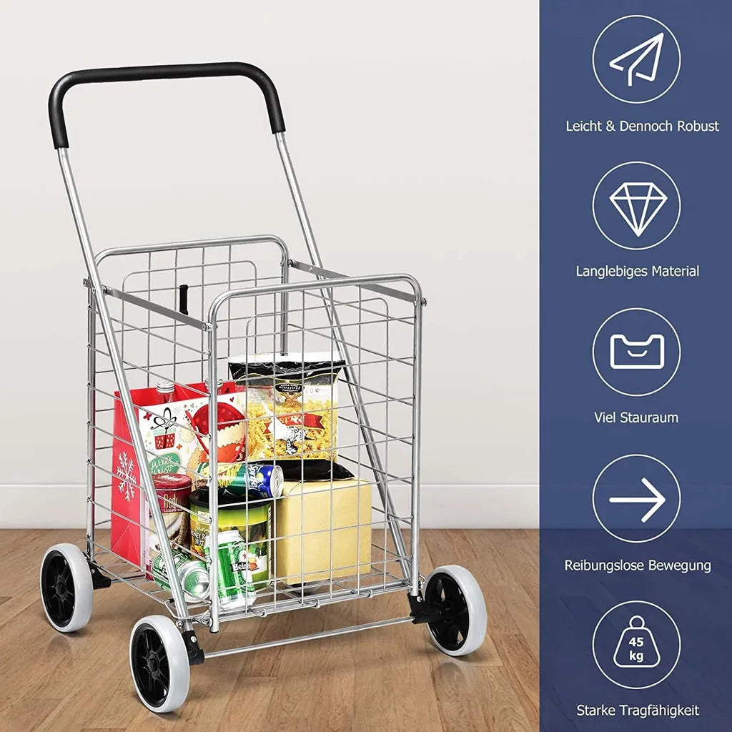  COSTWAY Klappbarer Einkaufstrolley, Einkaufswagen Auf Rollen, 45 Kg Belastbar, 83LKapazität, Tragbarer Handwagen, Rollwagen Allzweckwagen Für Wäsche, Einkaufen, Gepäck (Silber)