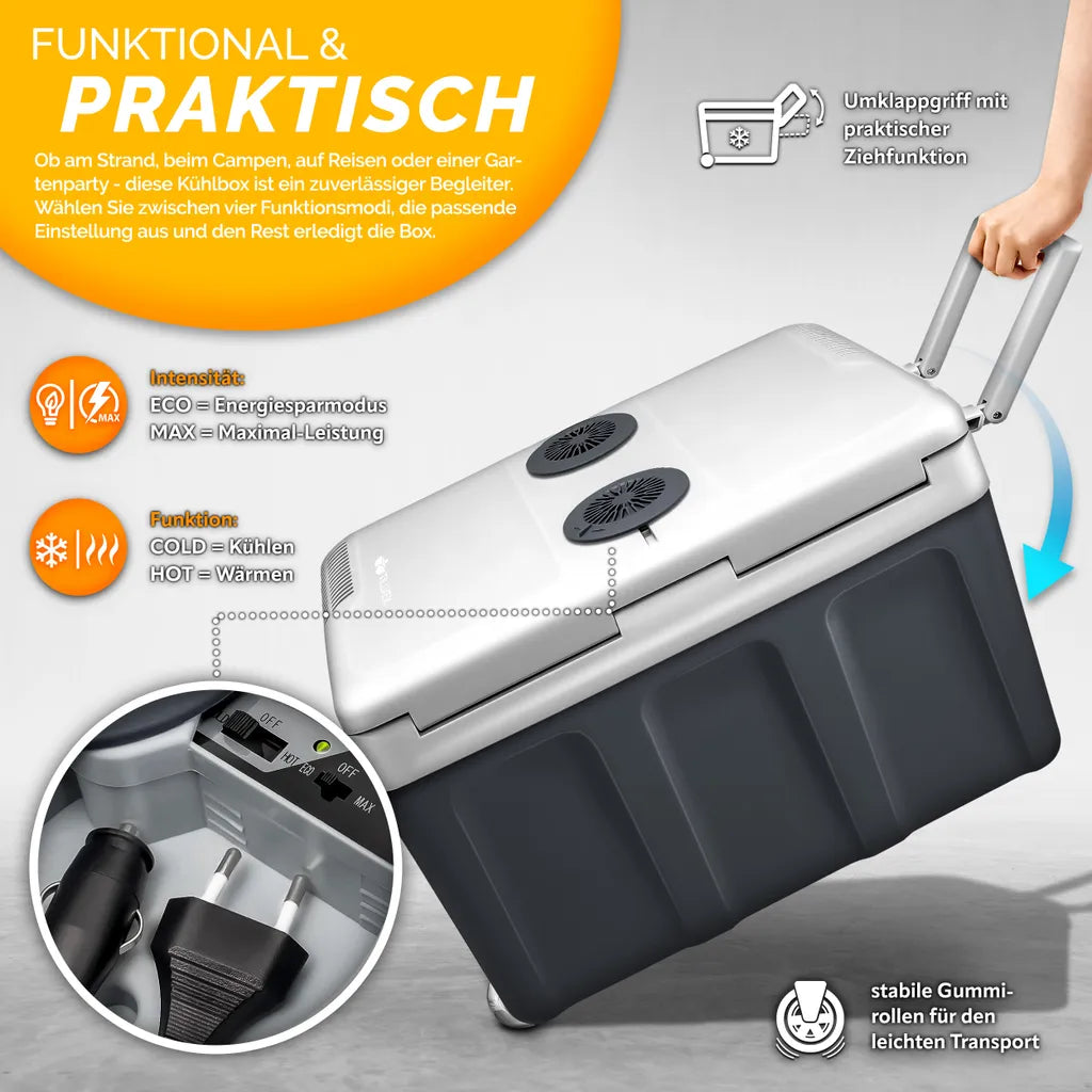  Tillvex Kühlbox Elektrisch 40L Grau Mit Rollen | Mini-Kühlschrank 230 V Und 12 V Für KFZ Auto Camping | Kühlt & Wärmt | ECO-Modus