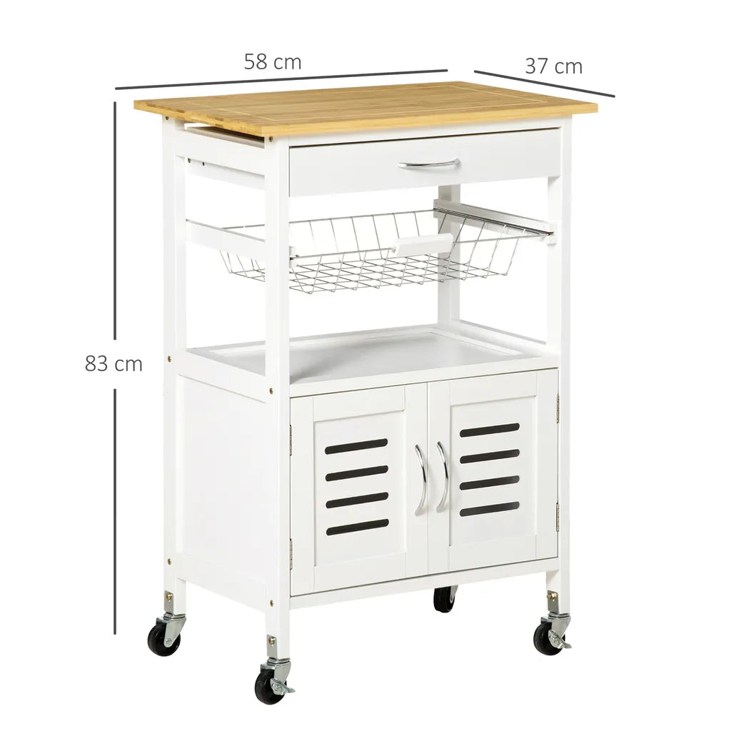  HOMCOM Küchenwagen Küchenrollwagen Servierwagen Mit Schublade Abnehmbares Tablett Bambus MDF Metall Weiß+Natur 58 X 37 X 83 Cm