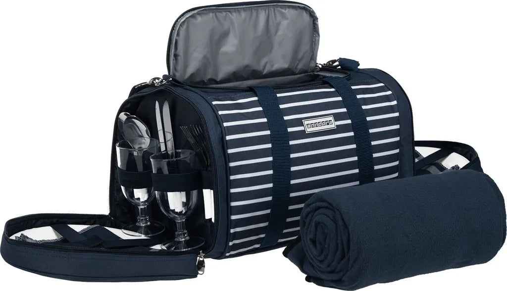  Anndora Picknick Kühltasche + Decke + Zubehör - Blau Weiß Gestreift - Blau