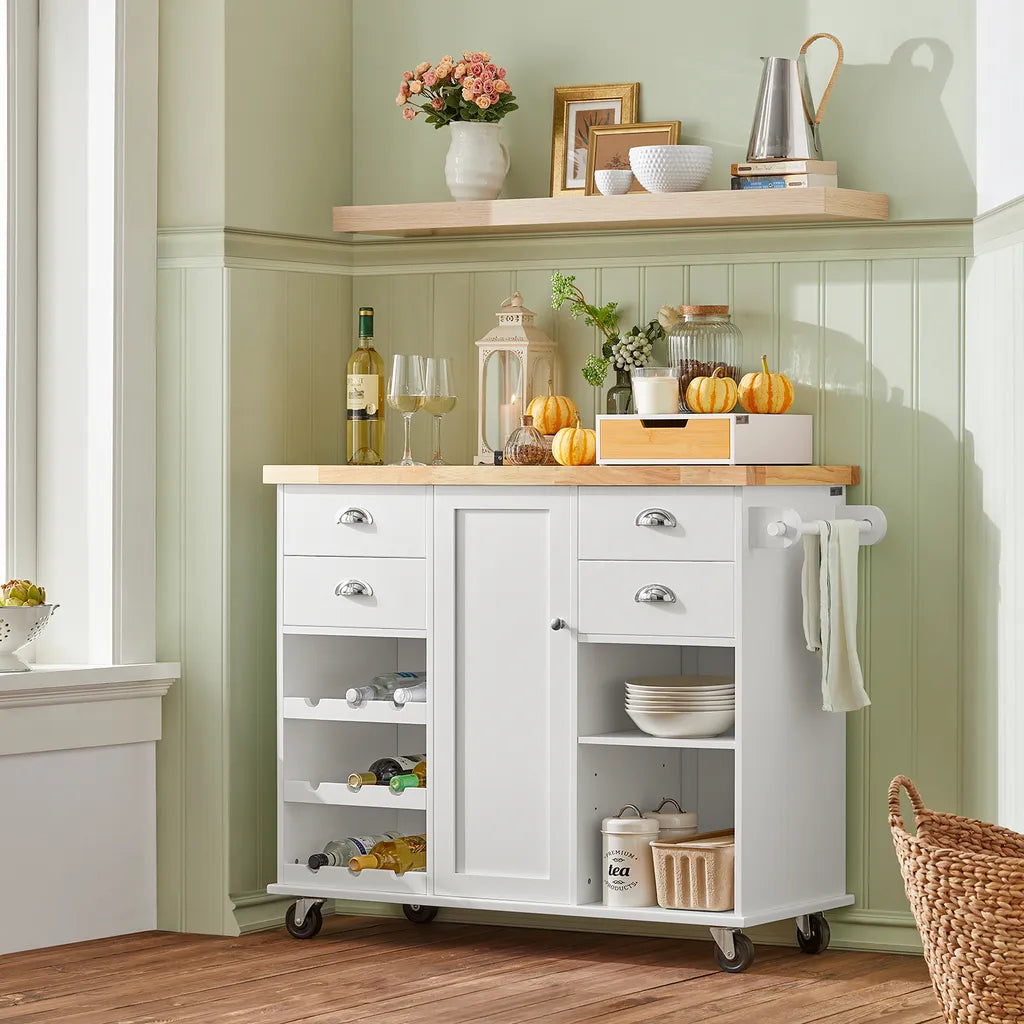  SoBuy KNL03-WN Küchenwagen Kücheninsel Mit 1 Handtuchhalter Küchenschrank Rollwagen Sideboard Auf Rollen Küchentrolley Servierwagen Mit Flaschenablagen Und Schublade BHT Ca.: 107x93x45cm