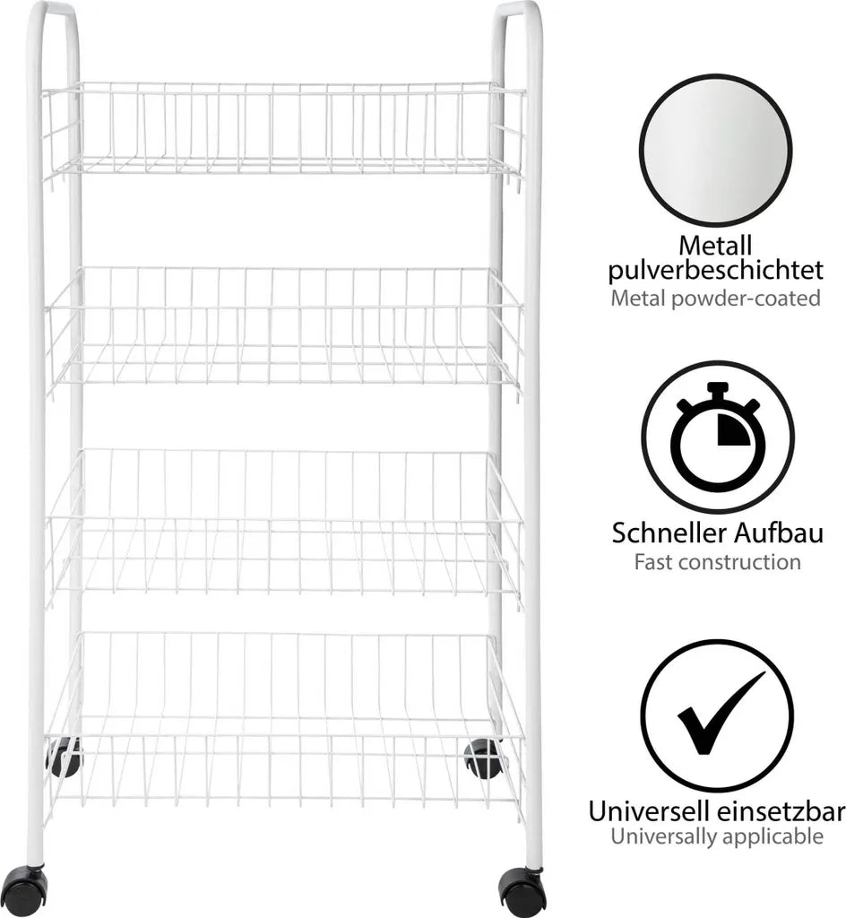  ONVAYA® Beistellwagen Susi Mit 4 Körben | Weiß | 39x26x76 Cm | Rollwagen | Küchenwagen | Wagen | Metall | Regal | Bad | Servierwagen | Haushaltswagen | Allzweckwagen | Küchentrolley