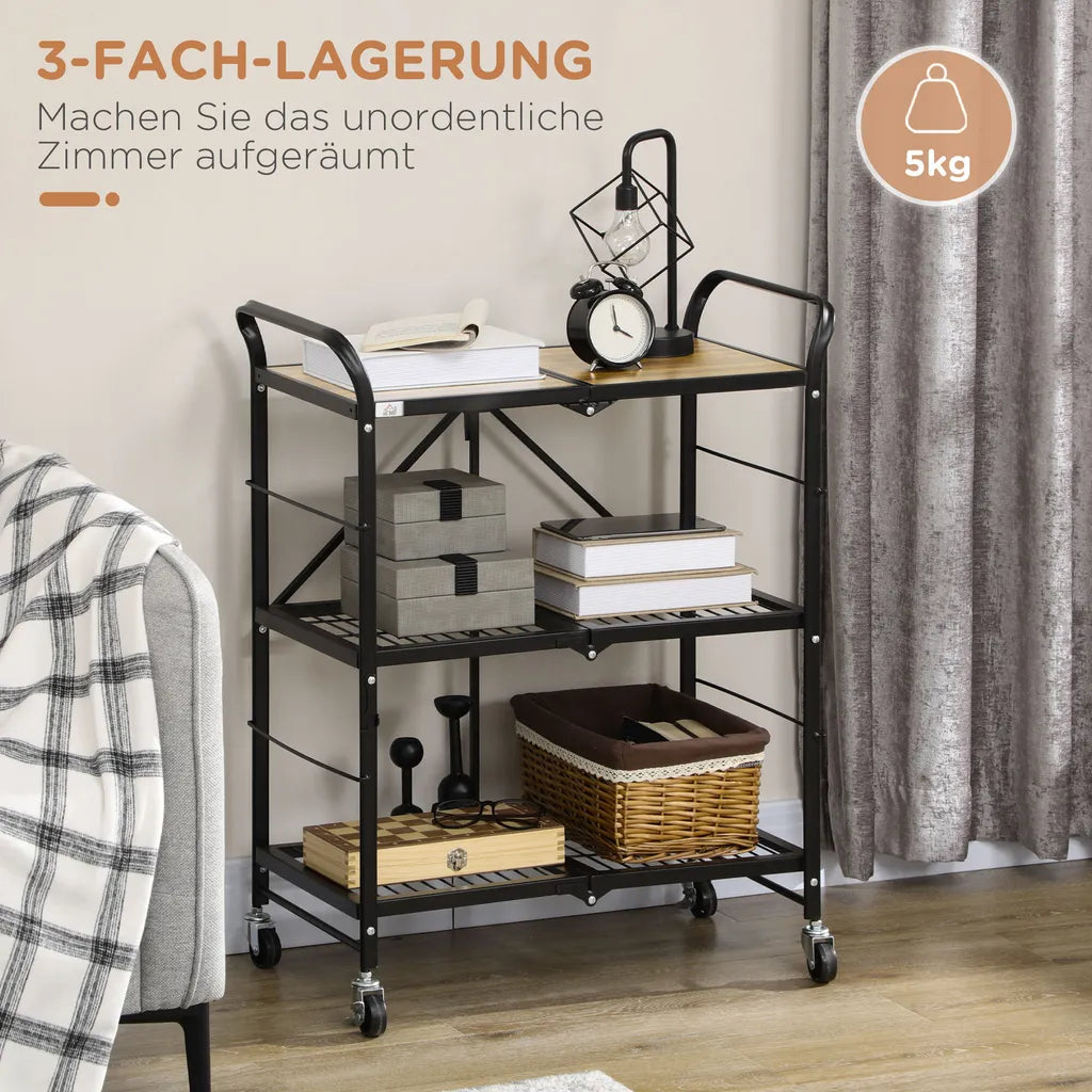  HOMCOM Rollwagen, Klappbarer Küchenwagen, Servierwagen Mit 3 Ebenen, Griff, Küchenregal Auf 4 Rollen Für Esszimmer, Wohnzimmer, Stahl, Braun+Schwarz, 68 X 35 X 85 Cm