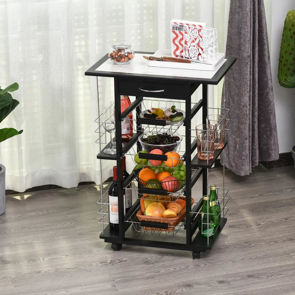  HOMCOM Servierwagen Auf Rollen, Küchenwagen Mit Arbeitsplatte Und Gewürzregal, Rollwagen, Küchentrolley, Kieferholz, Schwarz, 57 X 37 X 83 Cm