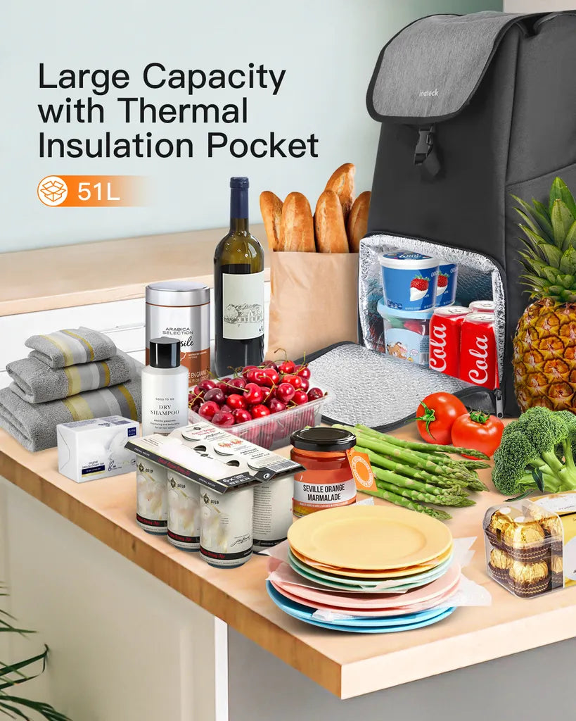  Inateck Einkaufstrolley Mit Großer Ladekapazität Und Wärmedämmungstasche, Leichte Einkaufstasche Mit Rollen, Max. Belastbarkeit 45 Kg, 45L, Schwarz