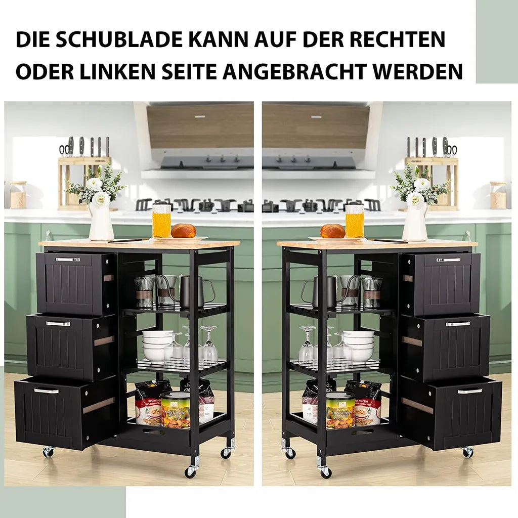  COSTWAY Küchenwagen Mit Tablett, Regalen Und 3 Großen Schubladen, Küchenschrank Rollbar, Kücheninsel Aus Kautschukholz, Servierwagen 67 X 37 X 82,5 Cm (Schwarz)