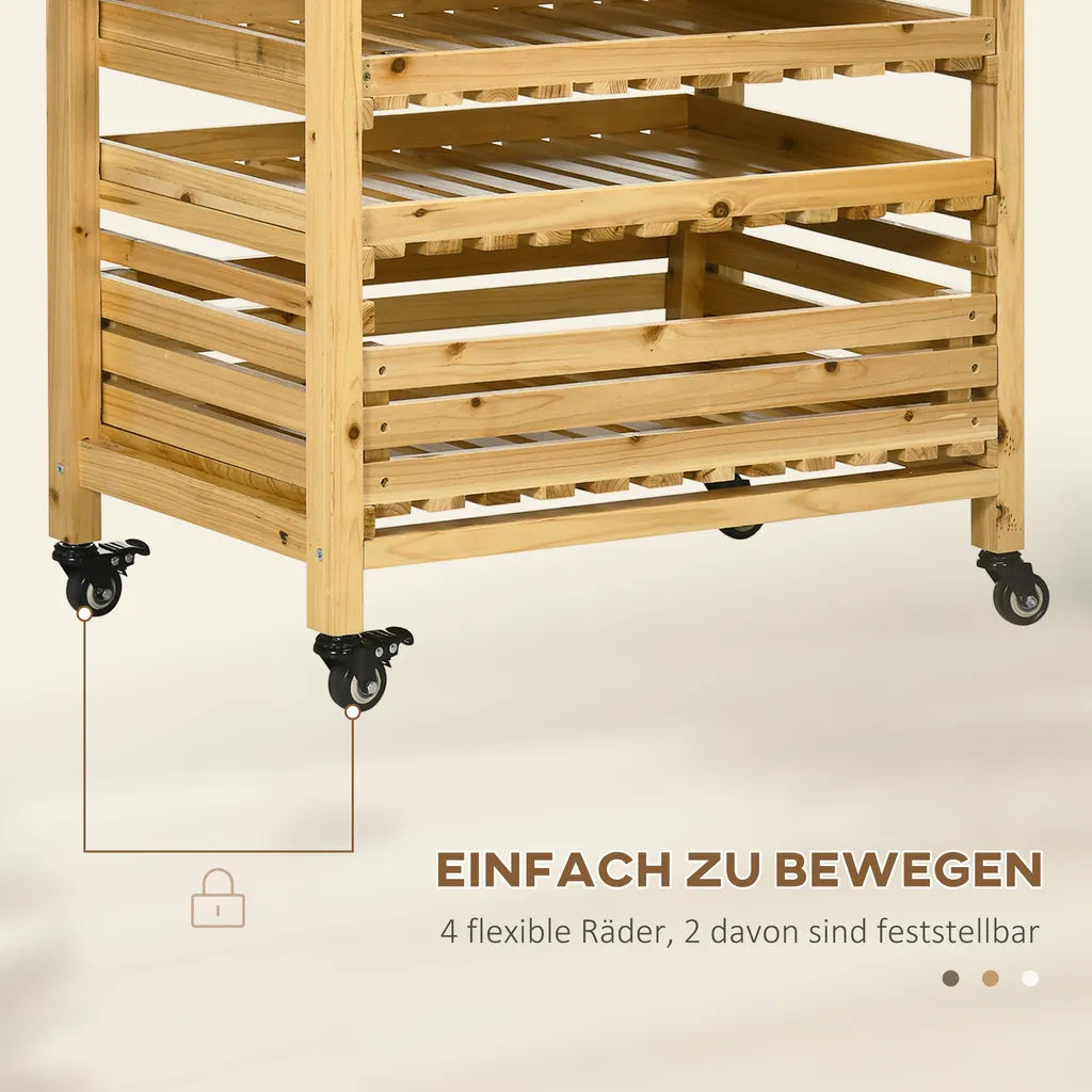 Outsunny Obsthalter Mit Rädern, Gemüseregal Mit 5 Regalen, Obstkorbständer, Aufbewahrungswagen, Für Gemüse, Obst, Bis 20 Kg Belastbar, Aus Tannenholz, Natur