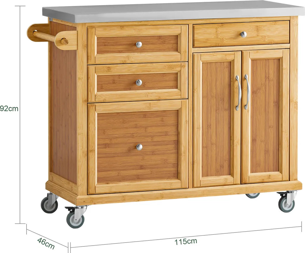  SoBuy FKW70-N Küchenwagen Servierwagen Kücheninsel Küchenschrank Aus Bambus Mit Edelstahlarbeitsplatte BHT Ca.: 115x92x46cm