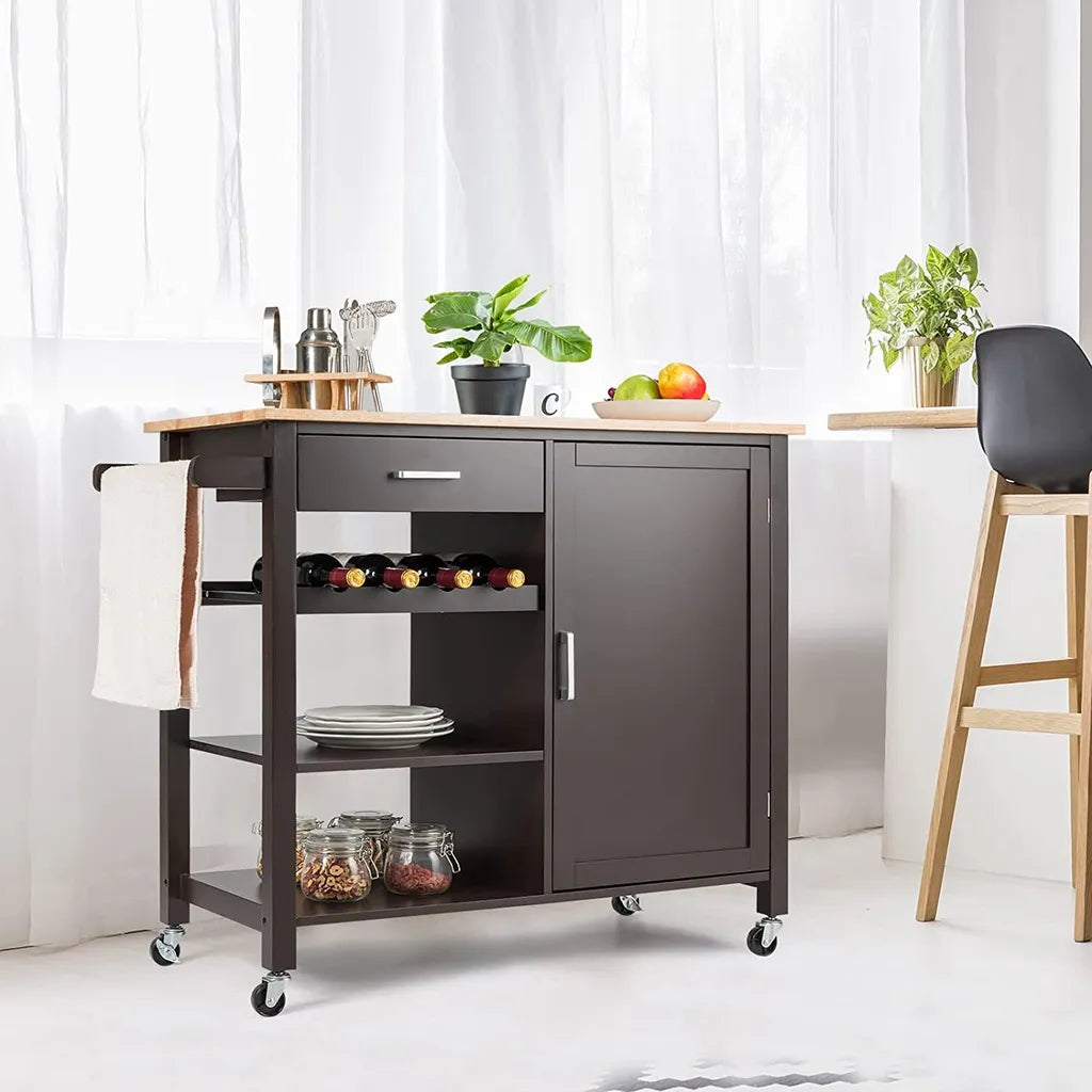 COSTWAY Küchenwagen Auf Rollen, Kücheninsel Mit Schublade, Weinregal, Offene Regale & Handtuchhalter, Platzsparender Servierwagen, Für Küche, Esszimmer, Bar, Braun