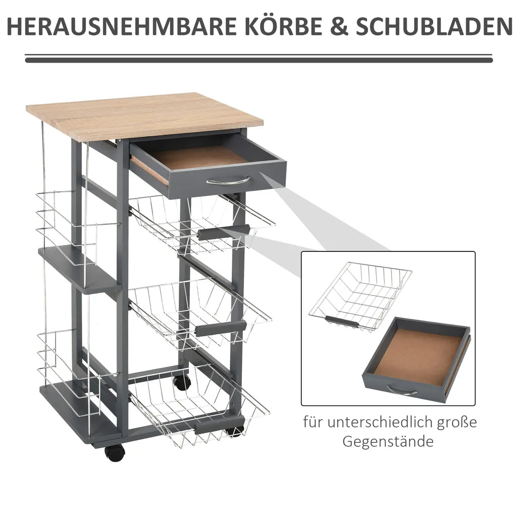  HOMCOM Küchenwagen Auf Rädern, Rollwagen Mit 2 Regalen, Servierwagen, Bastelwagen Mit Arbeitsplatte Und Gewürzregal, Rollregal Für Küche, Esszimmer, Kiefernholz, Grau, 47 X 37 X 83 Cm