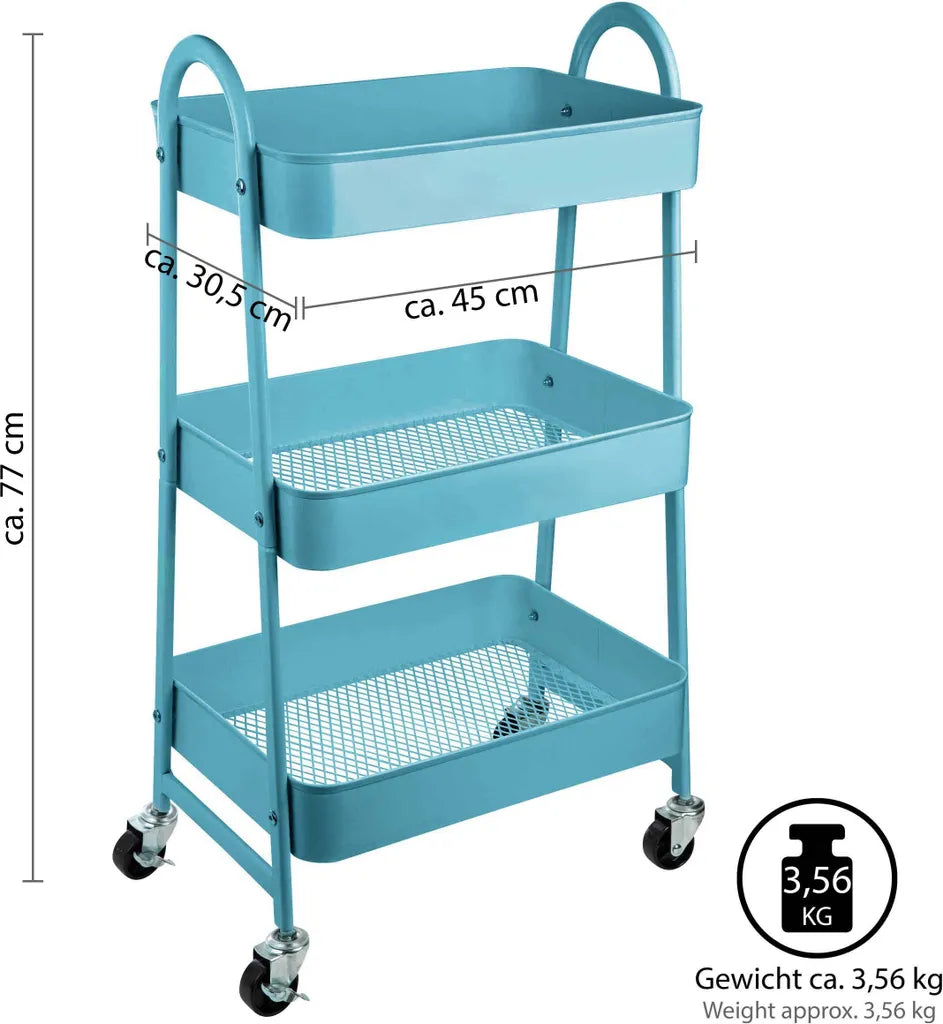  ONVAYA® Servierwagen Silvio | Beistellwagen | Blau | 30,5 X 45 X 77 Cm | 3 Fächer | Multifunktionswagen | Transportwagen | Allzweckwagen | Küchentrolley | Nischenregal