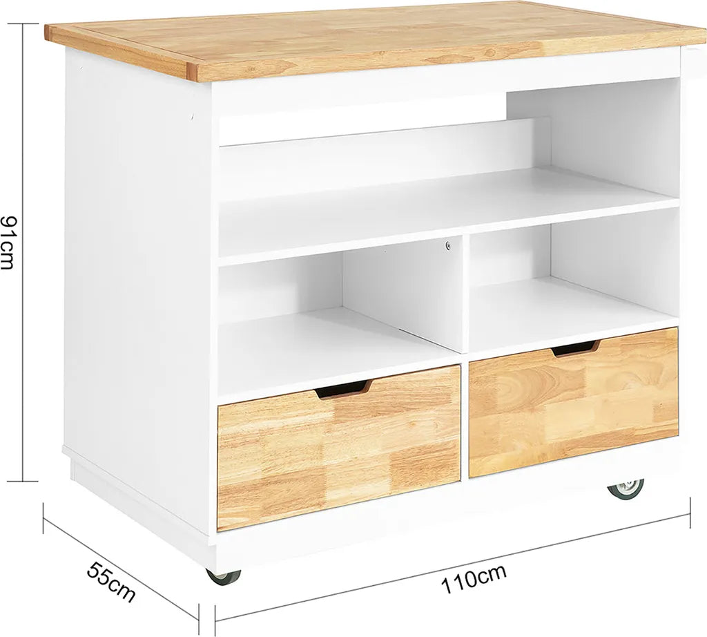  SoBuy FKW107-WN Design Küchenwagen Mit Arbeitsplatte Kücheninsel Küchenschrank Rollwagen Sideboard Auf Rollen Weiß-Natur BHT Ca.: 110x91x55cm