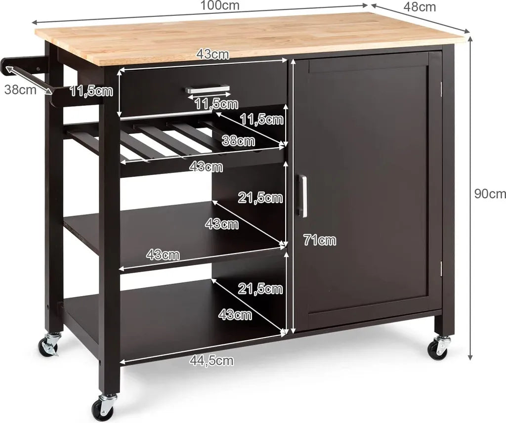  COSTWAY Küchenwagen Auf Rollen, Kücheninsel Mit Schublade, Weinregal, Offene Regale & Handtuchhalter, Platzsparender Servierwagen, Für Küche, Esszimmer, Bar, Braun