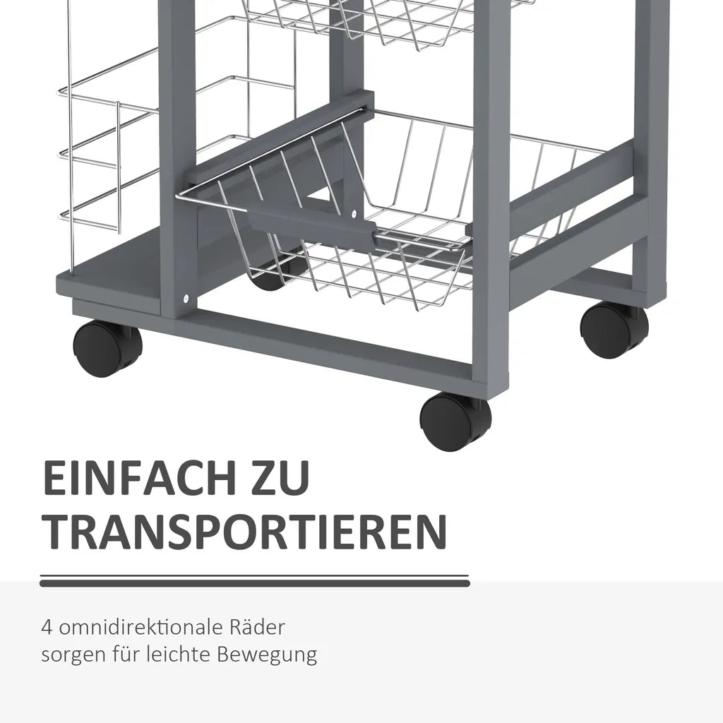  HOMCOM Küchenwagen Auf Rädern, Rollwagen Mit 2 Regalen, Servierwagen, Bastelwagen Mit Arbeitsplatte Und Gewürzregal, Rollregal Für Küche, Esszimmer, Kiefernholz, Grau, 47 X 37 X 83 Cm