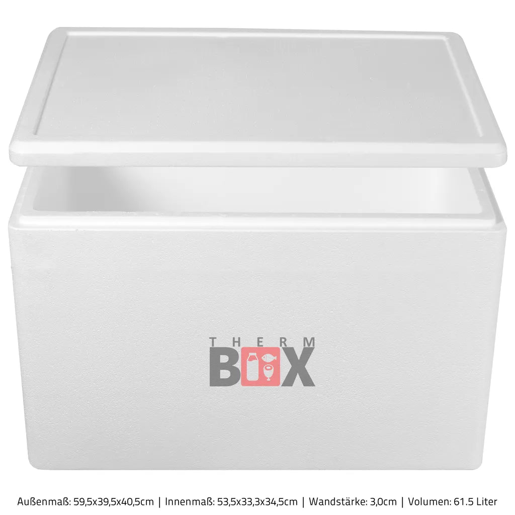  Styroporbox 61W | Wand: 3,0cm | Volumen: 61,5L | Innenmaß:53x33x34cm | Weiß Isolierbox Thermobox Kühlbox Warmhaltebox
