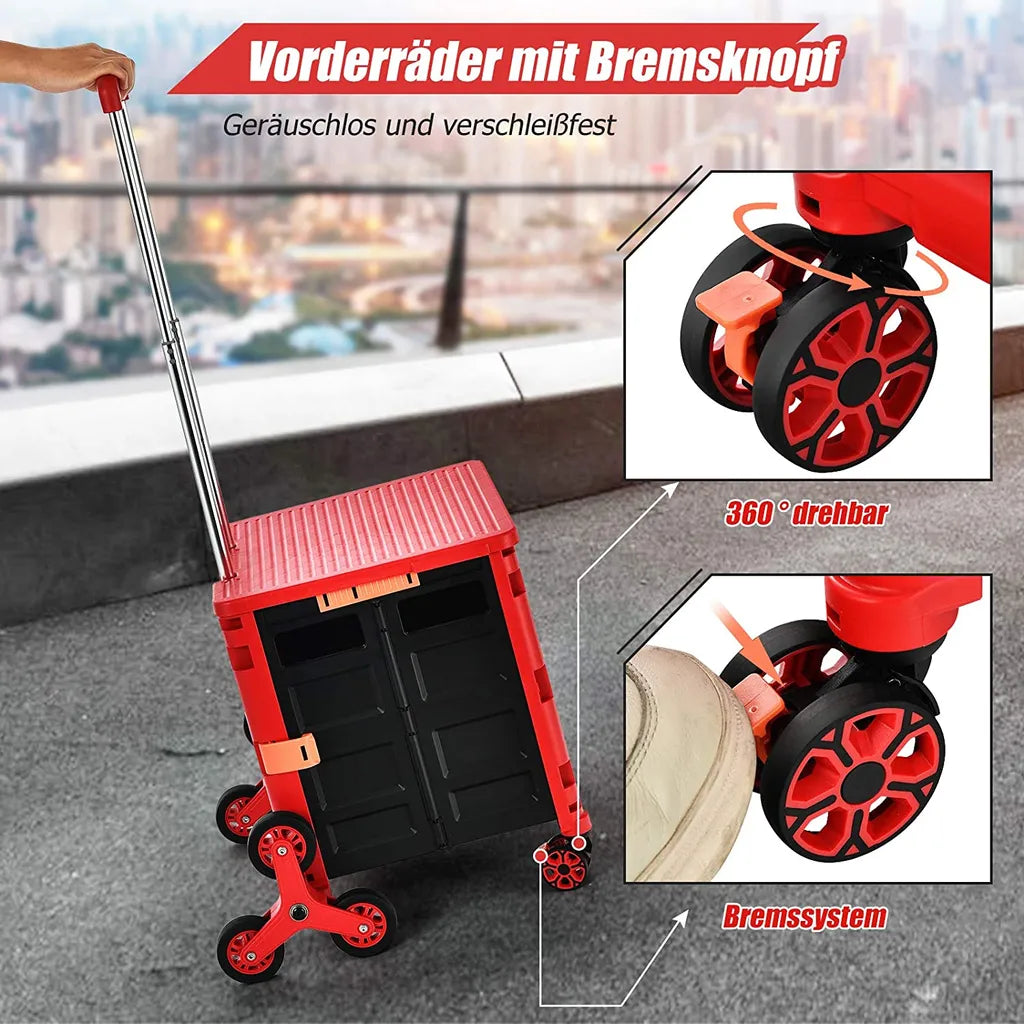  COSTWAY Einkaufstrolley Klappbar, Einkaufswagen Kunststoff Faltbar, Transport Trolley Treppensteigen 70kg Tragkraft, Einkaufskorb Mit Deckel, Teleskop Griff, 8 Rädern (Rot)
