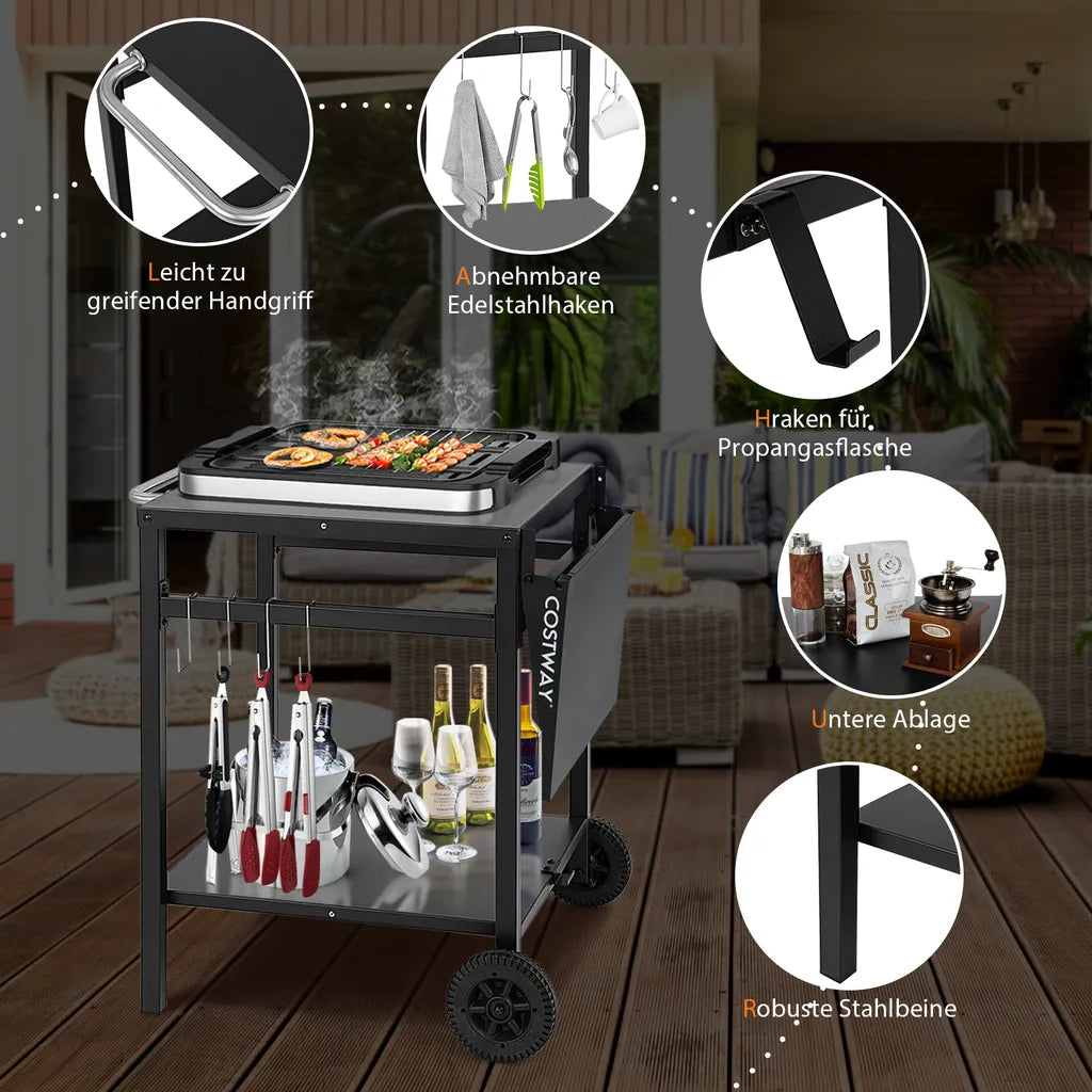  COSTWAY Grilltisch Mit Klappbarer Tischplatte, Beweglicher Campingtisch Mit 2 Ablagen & 4 Haken, Metall Grillwagen Für Außenbereich, Rollwagen Zum Grillen & Outdoorküche, Zubereitungswagen Schwarz