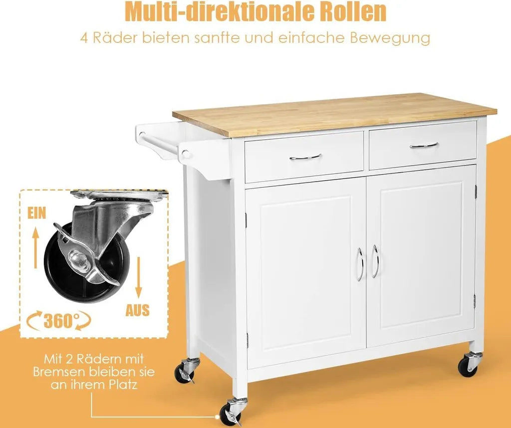  COSTWAY Rollende Kücheninsel Aus Gummiholz, Küchenwagen Mit Handtuchhalter & Verstellbarem Regal & Schubladen, Servierwagen Mit Arbeitsplatte Für Küche, Esszimmer & Bar (Weiß)