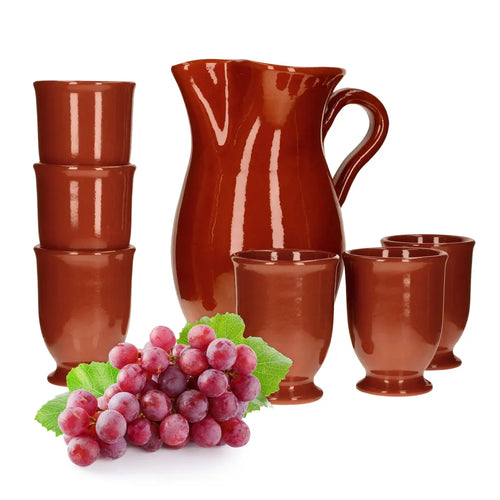  7tlg.-Set: Tonkrug 1.9L + 6 Tonbecher 175ml Ton-Geschirr Rotbraun Glasiert Servier-Kanne Tassen