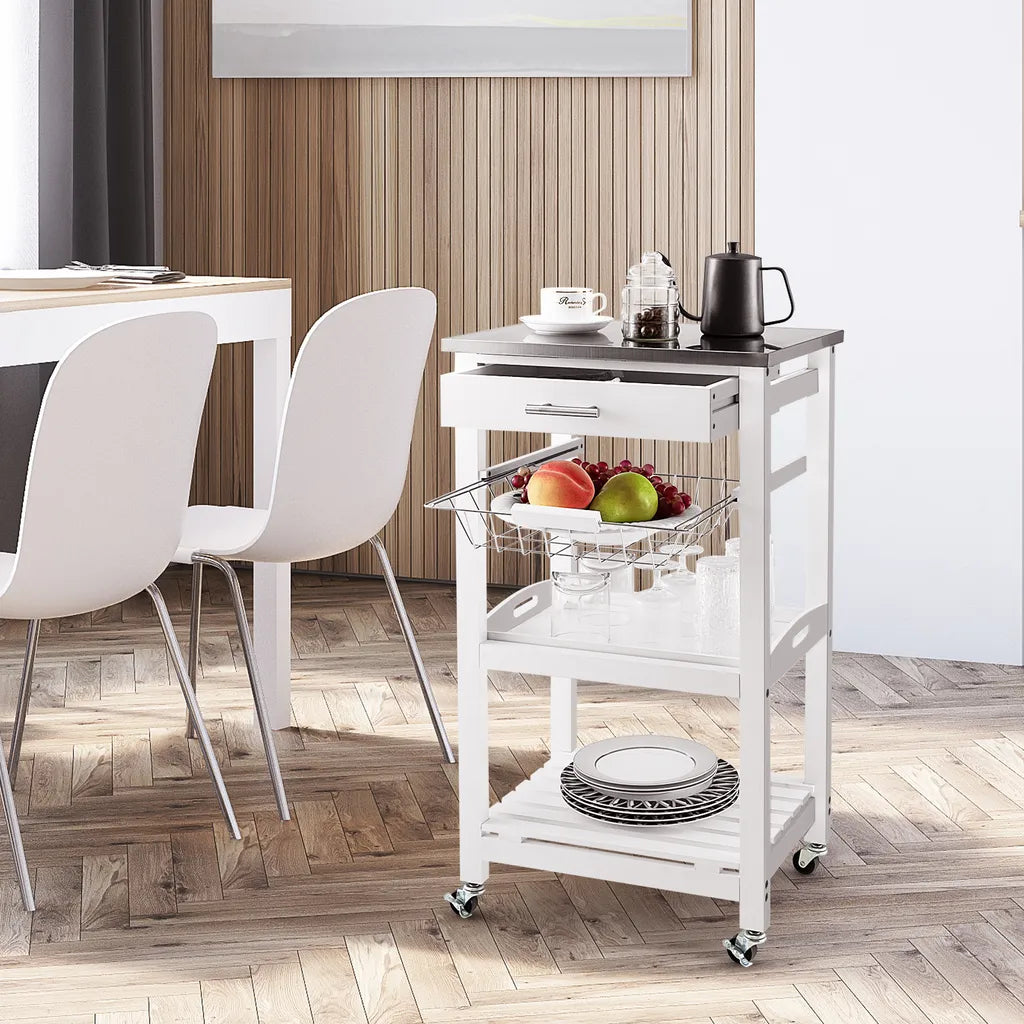  COSTWAY Kleiner Küchenwagen, Servierwagen Auf Rollen, Arbeitsplatte Aus Edelstahl, Schublade, Korb & Abnehmbarem Serviertablett, Rollwagen Kücheninsel, Küchentrolley Landhausstil Weiß, 47x39x85cm