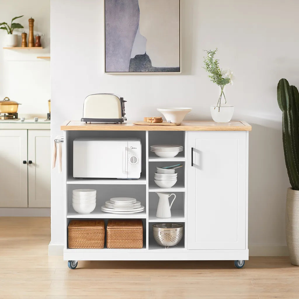  SoBuy FKW105-WN Design Küchenwagen Mit Arbeitsplatte Kücheninsel Küchenschrank Rollwagen Mikrowellenschrank Weiß-Natur BHT Ca.: 127x94x51cm
