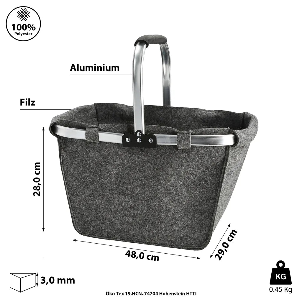  Einkaufskorb Faltbar Filz Aluminium Gestell Hellgrau 48x28x29cm Korb Filzkorb Tragekorb Shopper