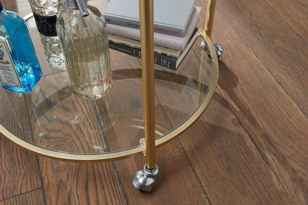  WOHNLING Design Servierwagen Gold Ø 57 Cm Beistelltisch | Teewagen Metall Mit Rollen | Küchenwagen Mit Glasplatten | Barwagen Rund 75 Cm Hoch | Küchentrolley Modern | Rollwagen