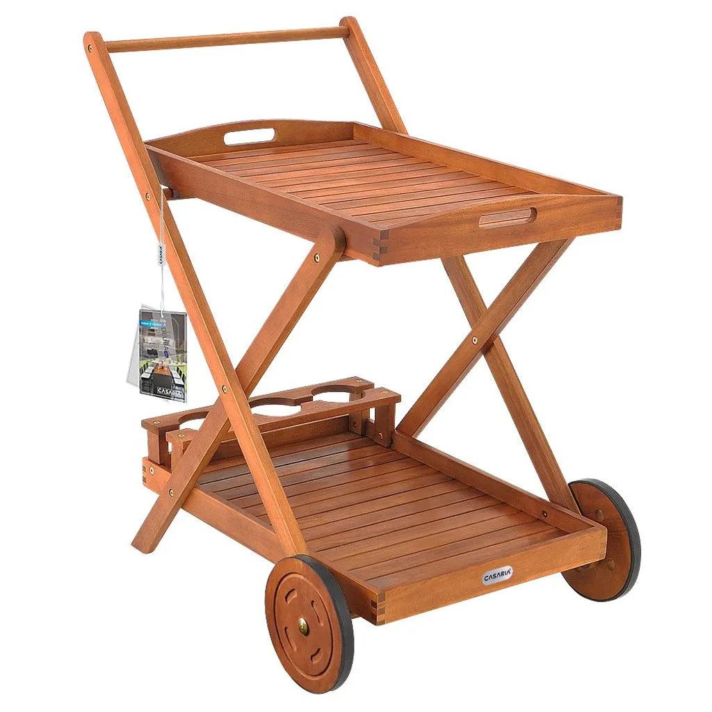 Casaria Servierwagen Küchenwagen Mit Rollen Akazienholz FSC® Zertifiziert Tablett Abnehmbar 3 Flaschenhalter Rollwagen Holz
