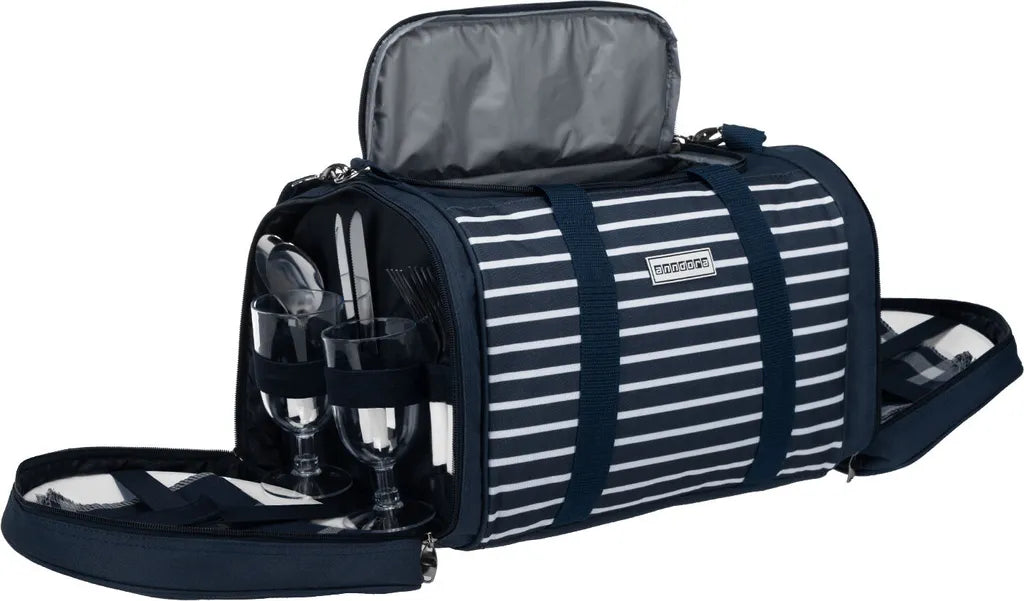  Anndora Picknick Kühltasche + Decke + Zubehör - Blau Weiß Gestreift - Blau