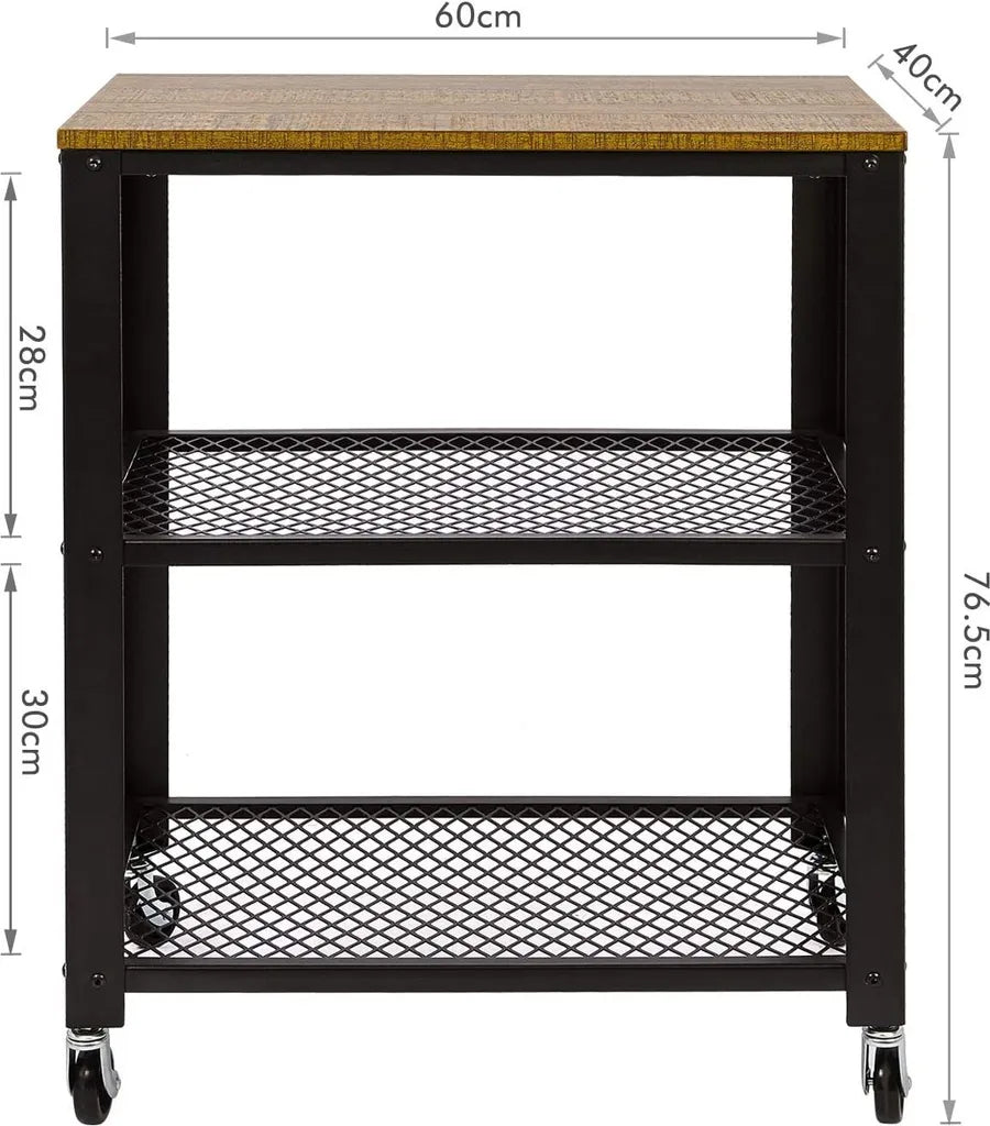  Meerveil Retro Servierwagen, 3 Ebenen Küchenwagen, Rollwagen Auf 4 Rollen, Küchenregal Aus Holz Und Metall, Für Küche Und Wohnzimmer, Vintagebraun-schwarz