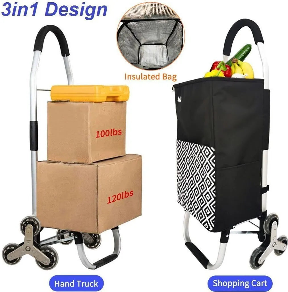  LBLA Einkaufstrolley 48L Klappbar Mit Treppensteiger/Treppenklettern, Mehrzweckwagen Multifunktional, Einkaufswagen Mit Edelstahlrahmen, Wasserdichte Segeltuchtasche Mit Kühlfach