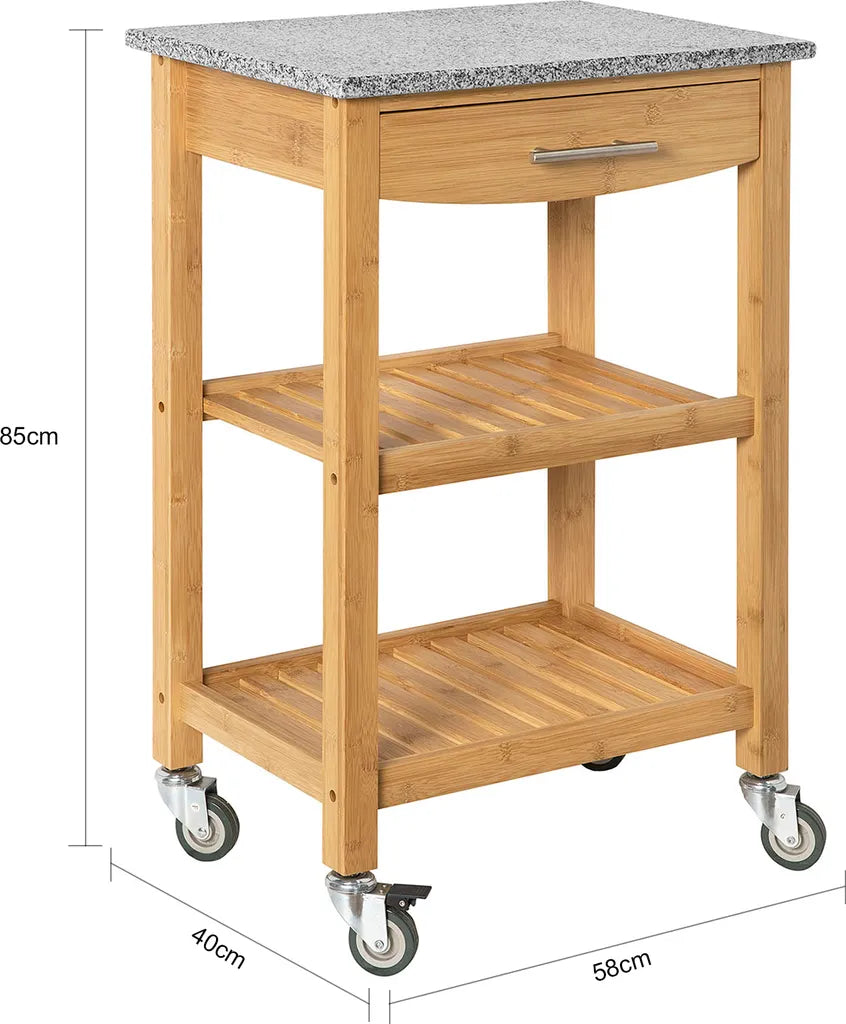  SoBuy FKW28-HG Servierwagen Mit Schublade Und 2 Ablagen Küchenwagen Küchenregal Aus Bambus Mit Granitarbeitsplatte BHT Ca.: 58x85x40cm