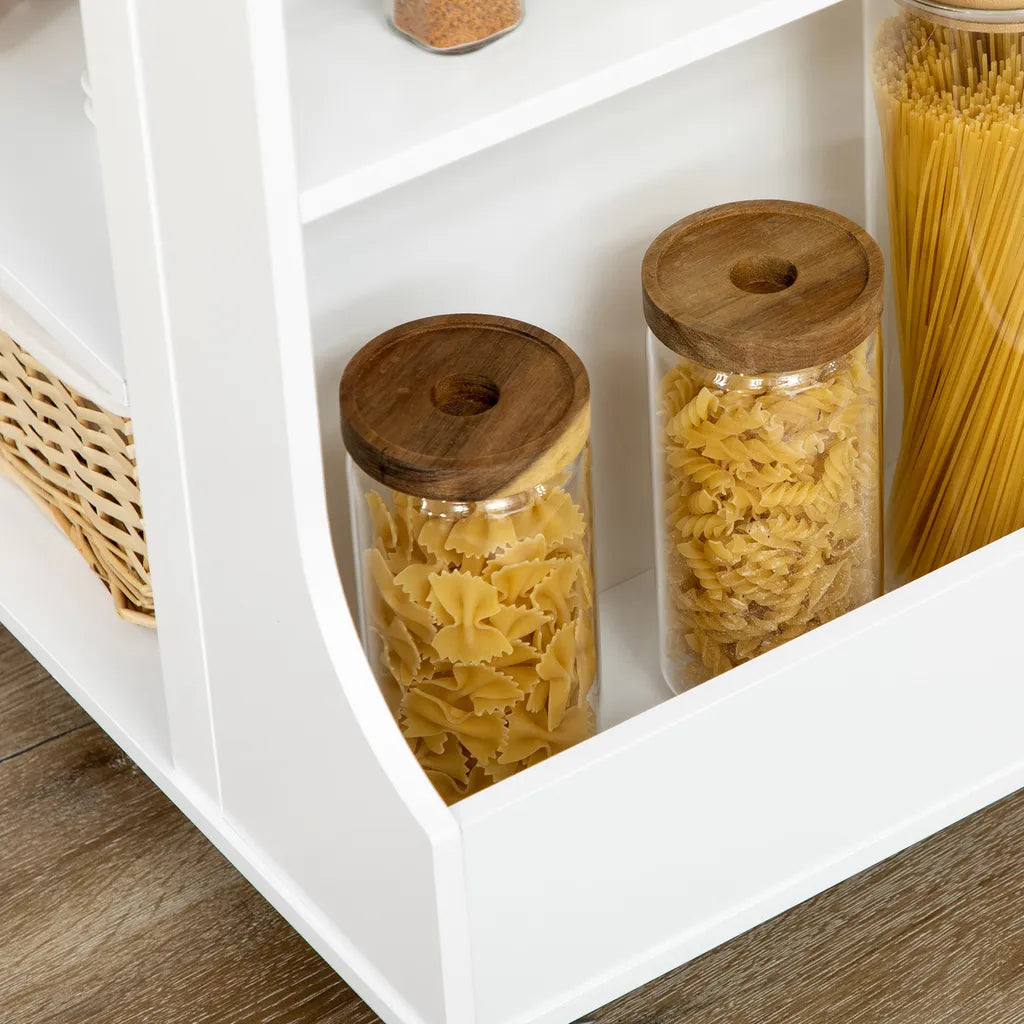  HOMCOM Küchenwagen, Rollwagen, Küchenschrank Mit Arbeitsplatte Aus Gummiholz, Trolley, Beistellwagen Auf Rollen, Servierwagen Mit Schublade, Werkzeugkasten Für Küche, Weiß, 89 X 48 X 89 Cm