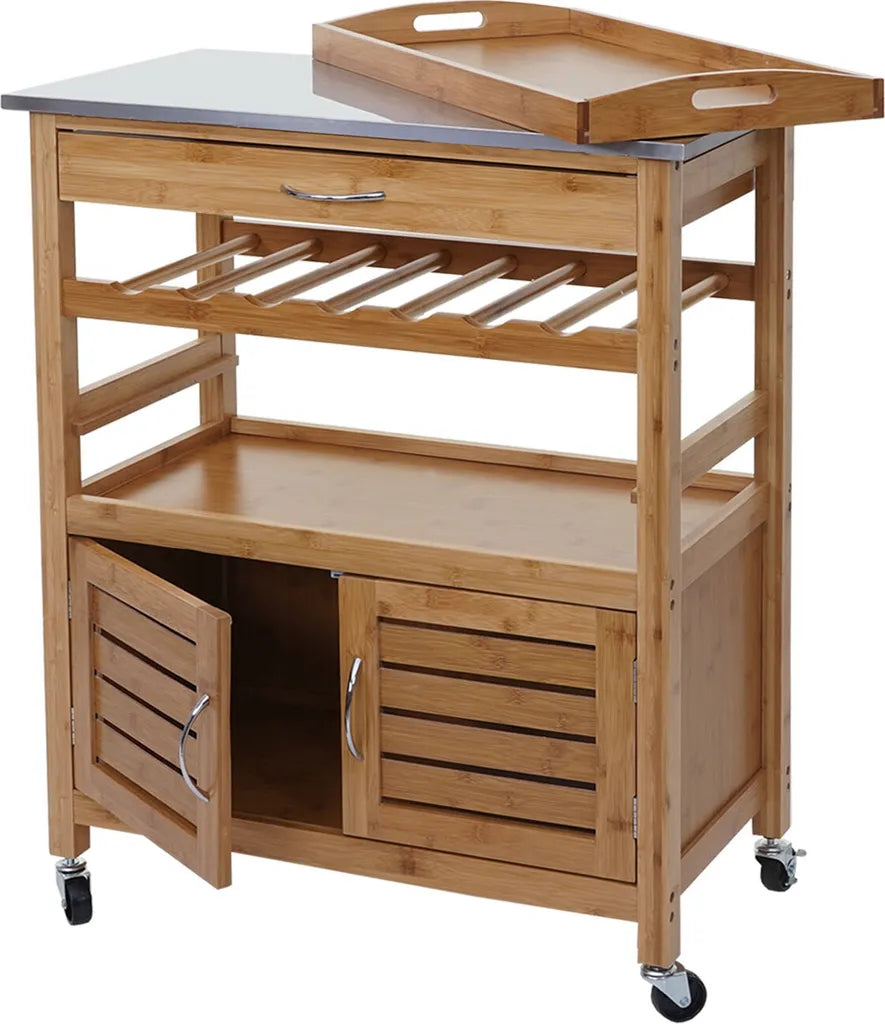  Servierwagen HWC-D15, Küchenwagen Barwagen Rollwagen Küchenhelfer Beistellwagen, Bambus Mit Edelstahlplatte 89x70x37cm