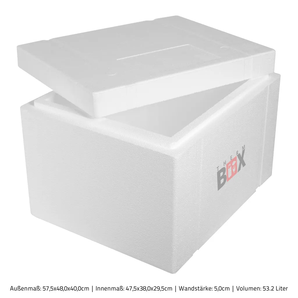  Styroporbox 53W | Wand: 5,0cm | Volumen: 53,2L | Innenmaß:47x38x29cm | Weiß Isolierbox Thermobox Kühlbox Warmhaltebox