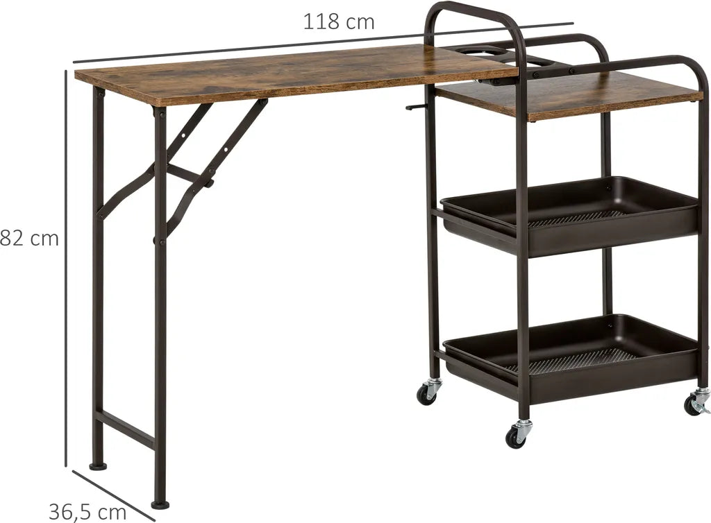  HOMCOM Küchenwagen Küchenrollwagen Servierwagen Mit 1 Klappbaren Tischplatte 2 Tabletts Und 1 Offenes Regal Rollen Verstellbare Fußpolster E1-Spanplatte Metall Rustikal-Braun 118 X 36,5 X 82 Cm