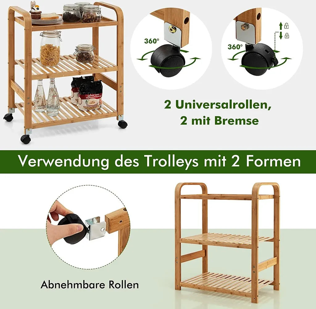 COSTWAY Servierwagen Mit 3 Ablagen, Griffen & Abnehmbarem Rollen, Küchenwagen Bambus Auf Rädern, Mobiler Allzweckwagen Rollwagen Lagerregal Für Küche, Flur & Bad, 58 X 33 X 76 Cm