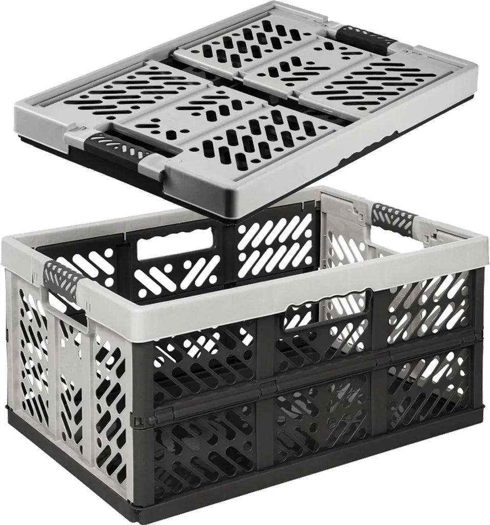  5-er Set - KLAPPBOX - Silber-Anthrazit - Faltbox Lagerbox Einkaufsbox 45 Liter 4 Griffe Aufbewahrungsbox Kunststoff Soft-Touch Softgriff Faltbox Set Klappbox Set NEU