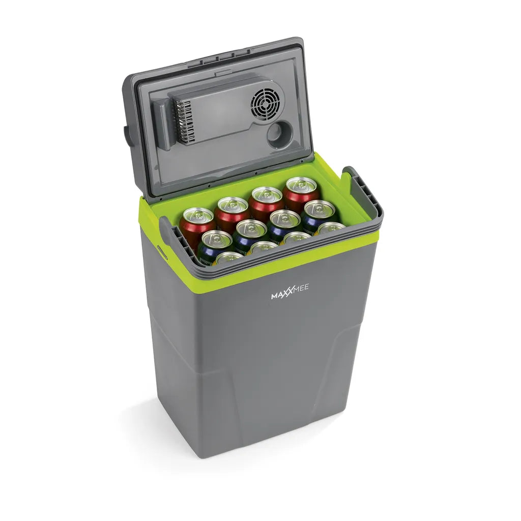  MAXXMEE Kühlbox - Wahlweise Via Netzkabel Oder KFZ-Anschluss - 22l Volumen - Grau/limegreen Kühlbox Camping Kühlschrank 22L Auto 12V 230V Thermobox Elektrisch Picknick Grau
