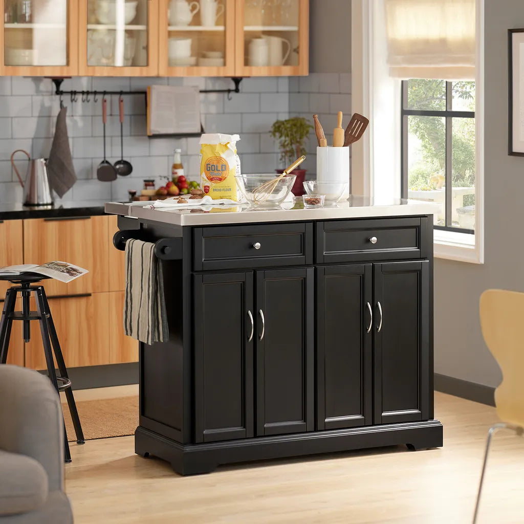  SoBuy FKW71-SCH Kücheninsel Küchenwagen Mit Erweiterbarer Edelstahlarbeitsplatte Küchenschrank Servierwagen Holz Schwarz BHT Ca.: 115x92x46-71cm
