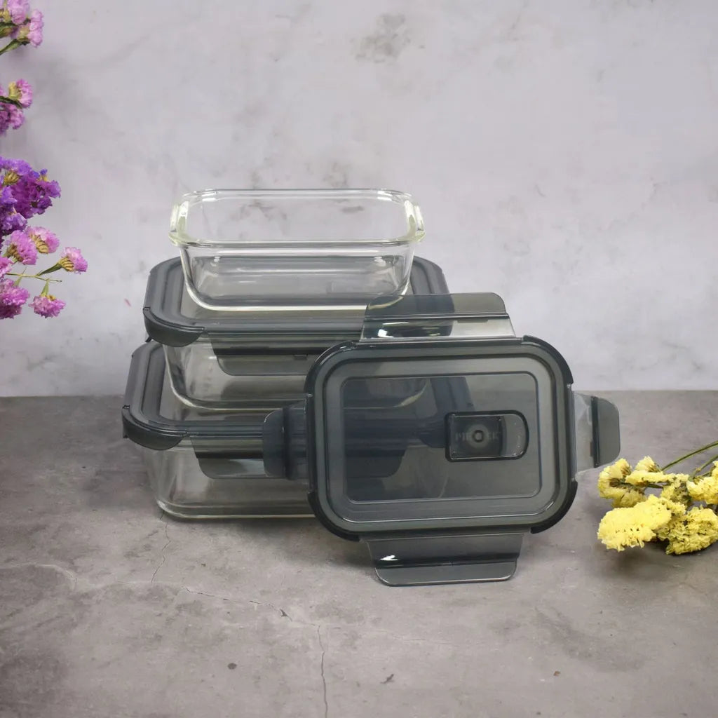  PIE LOCK Vorratsdosen 6 Teilig Eckig - Vorratsdosen Set Mikrowellengeeignete Essensbox Vorratsbehälter - Grau Glasdose Lunchbox Vorratsgläser Set
