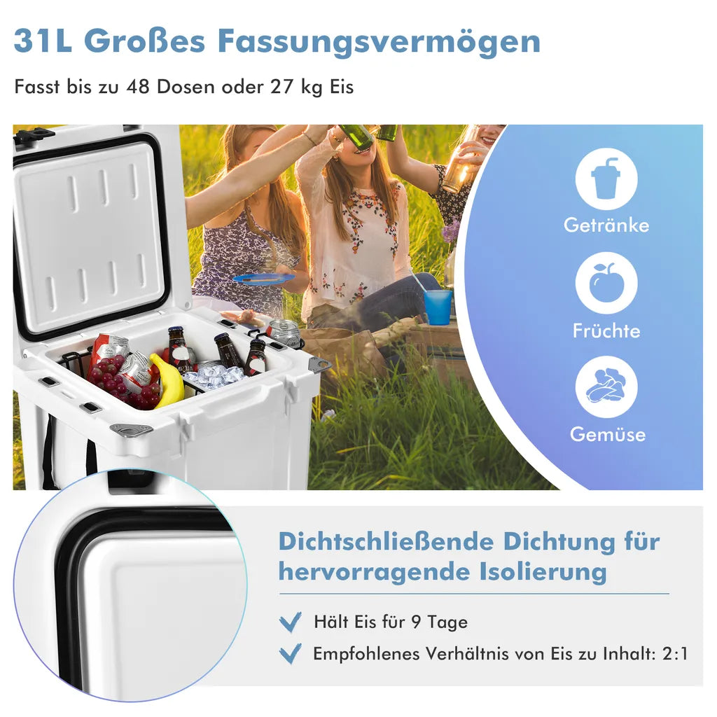  COSTWAY 31L Kühlbox Strapazierfähig Kühler Mit Korb & Getränkehalter Griffen & Fischlineal Eiskühler Tragbar Kälte Bis 9 Tage Weiß